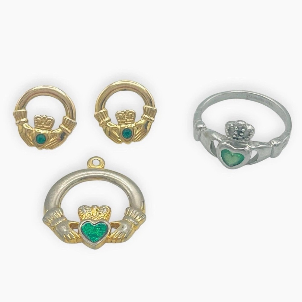 Vintage Claddagh Jewelry Set Gold Pendant & Earrings SD Silver Ring